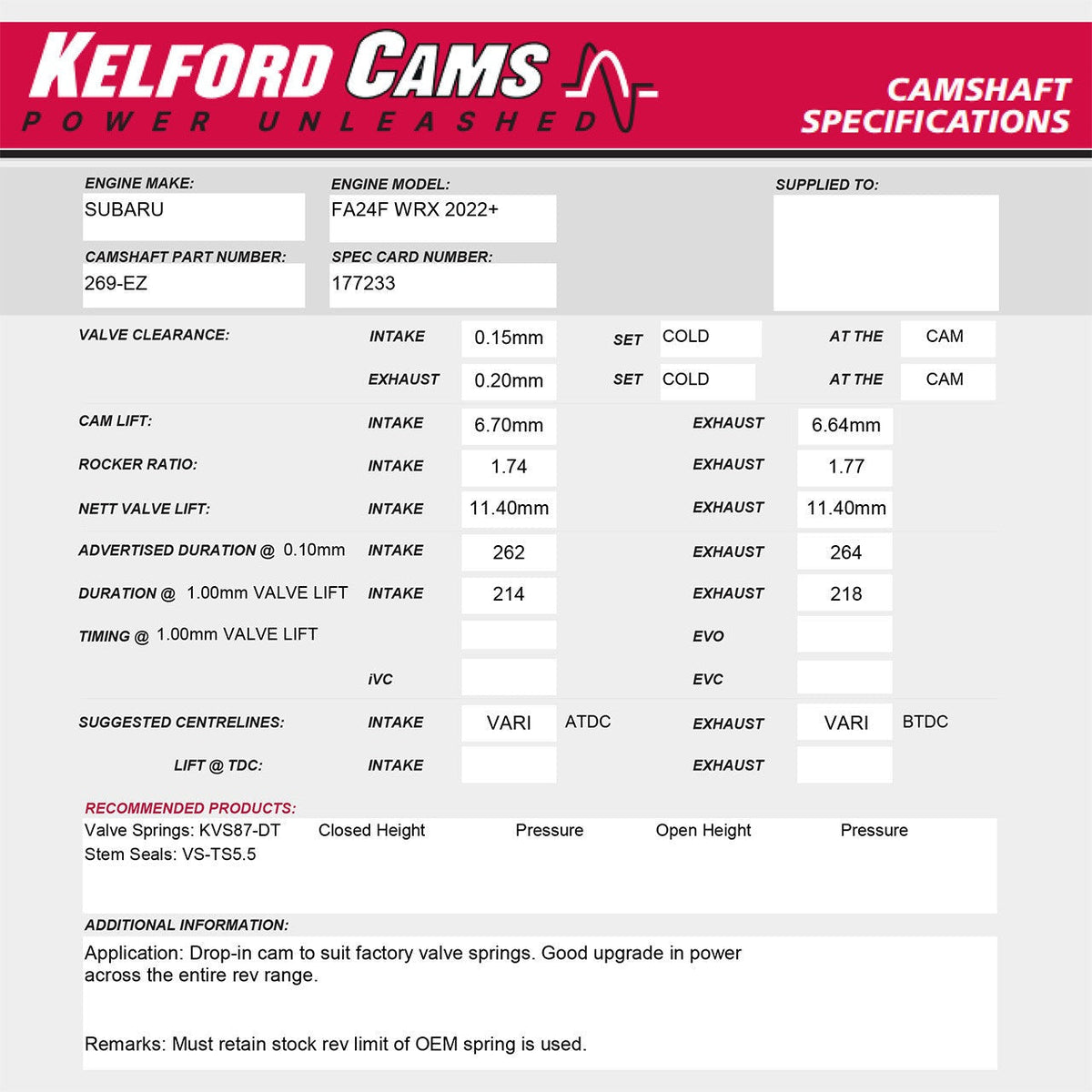 Kelford Cams 262/264 Degree Camshafts | 2022+ Subaru WRX FA24 DIT (269-EZ)