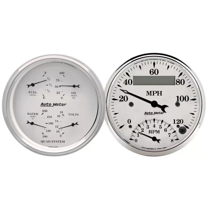 Autometer 3-3/8" 240-33 Ω Quad & Tach/Speedometer 2-Piece Gauge Kit Old Tyme White | Universal (1620)