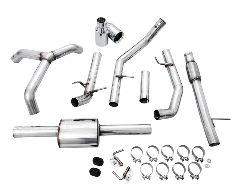 AWE 0FG Catback Split Rear Exit Exhaust for 4th Gen Silverado/Sierra 1500 5.3L (Flat Bumper) - Dual Chrome Silver Tips (3015-32205)
