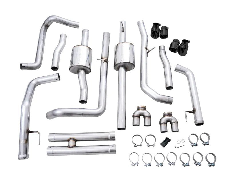 AWE 0FG Catback Split Rear Exit Exhaust for 4th Gen Silverado/Sierra 1500 6.2L (With Bumper Cutouts) - Quad Diamond Black Tips (3015-43204)