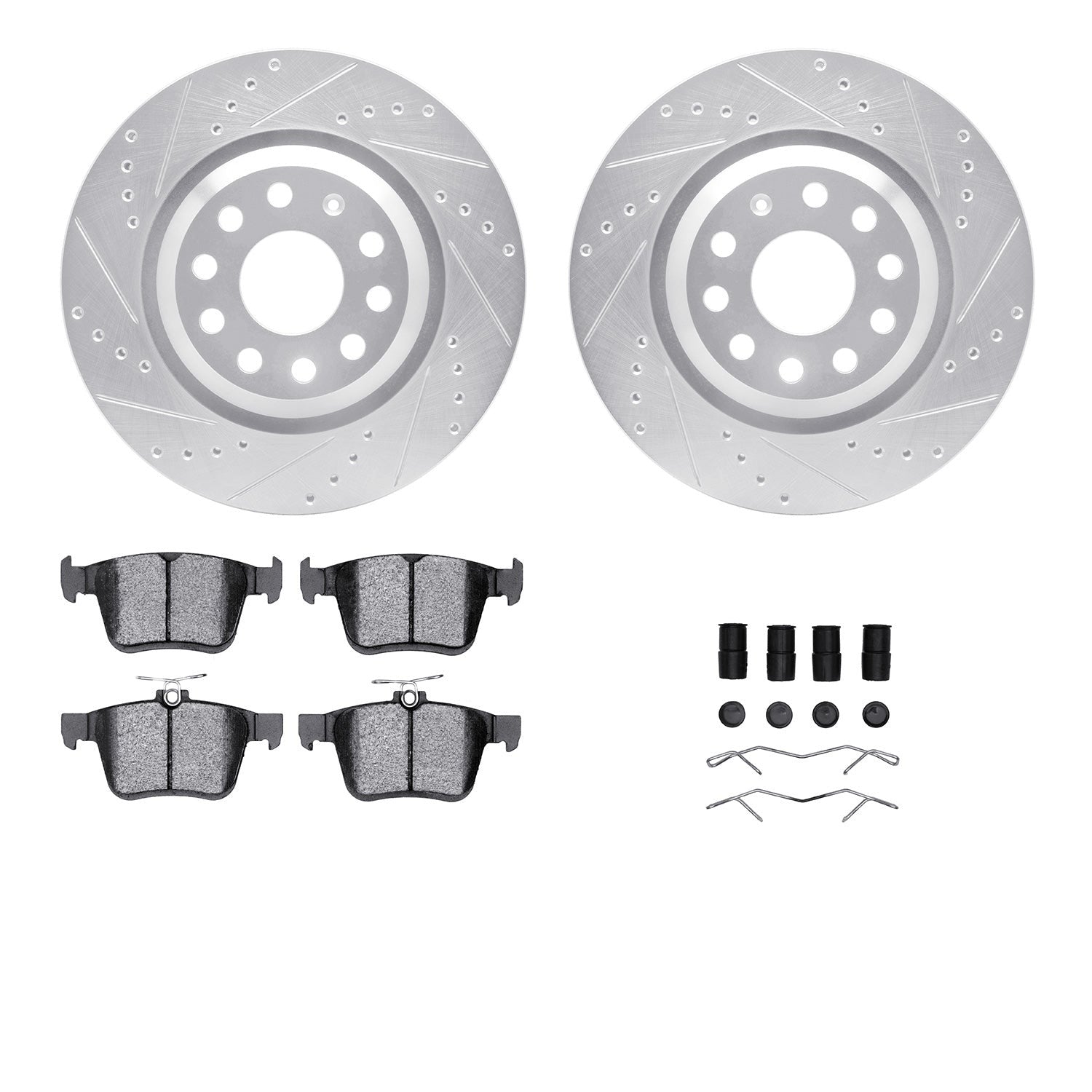 R1 Concepts Rear Drilled & Slotted Silver Brake Rotor Set w/Optimum OE Pads and Hardware | 2015-2019 VW Golf R (WGUH1-74060)