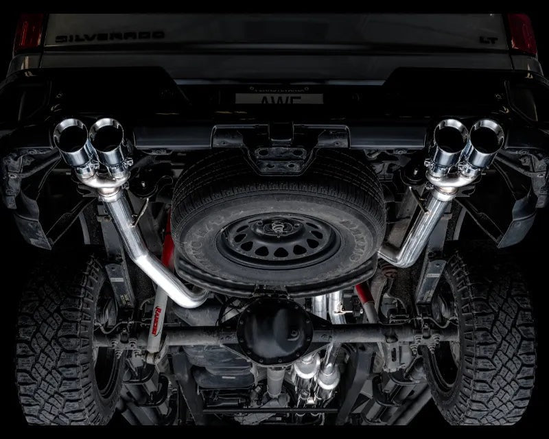 AWE 0FG Catback Split Rear Exit Exhaust for 4th Gen Silverado/Sierra 1500 6.2L (With Bumper Cutouts) - Quad Chrome Silver Tips (3015-42203)