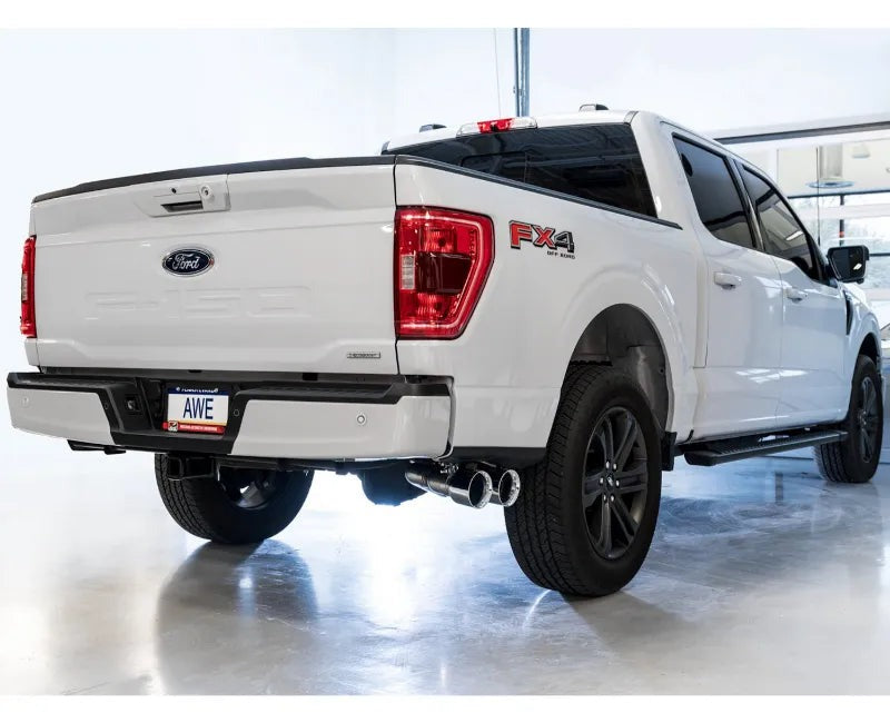 AWE 0FG Dual Side Exit Exhaust for '21+ Ford F-150 - 4.5" Chrome Silver Tips (3015-22067)