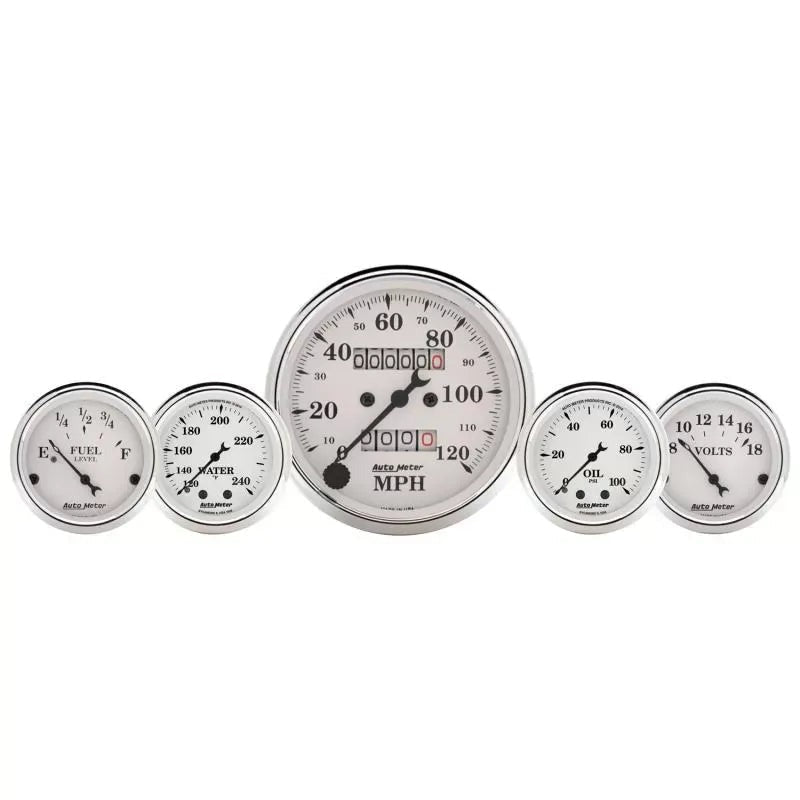Autometer 3-1/8" & 2-1/16" Mechanical Speedometer WTMP & OILP 5-Piece Gauge Kit Old Tyme White | Universal (1611)