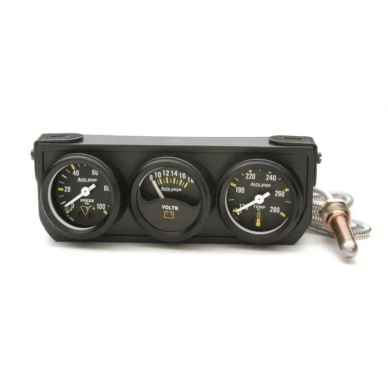 Autometer 1.5" 100 PSI/280 °F/18V Oil Pressure / Water Temperature / Volt Meter Gauge Console Mechanical Black Dial w/Black Bezel | Universal (2396)