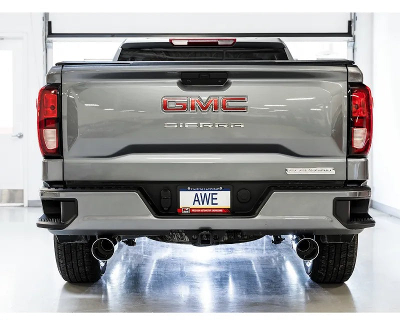 AWE 0FG Catback Split Rear Exit Exhaust for 4th Gen Silverado/Sierra 1500 5.3L (Flat Bumper) - Dual Chrome Silver Tips (3015-32205)