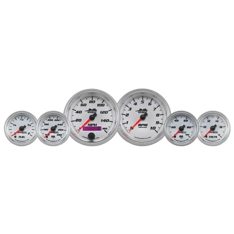 Autometer 160 MPH/0-10000 RPM/100 PSI/140-280 °F/8-18V/280ΩE-0ΩF PRO-CYCLE 6-Piece Gauge Kit White | Universal (19701)