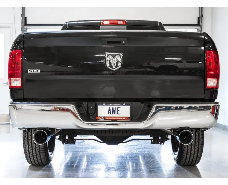 AWE 0FG Dual Rear Exit Catback Exhaust for 4th Gen RAM 1500 5.7L (without bumper cutouts) - Chrome Silver Tips (3015-32101)