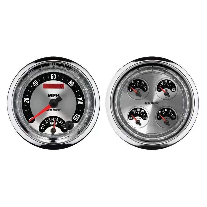 Autometer 5" 8K RPM/120 MPH/100 PSI/100-250 °F/8-18V/240-33 Ω Quad & Tachometer/Speedo 2-Piece Gauge Kit AMERICAN MUSCLE | Universal (1205)