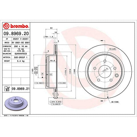 Brembo OEM Equivalent Rear Brake Rotor | 2003-2005 Nissan 350Z/Infiniti G35, and 2014-2017 Nissan Juke (09.8969.21)