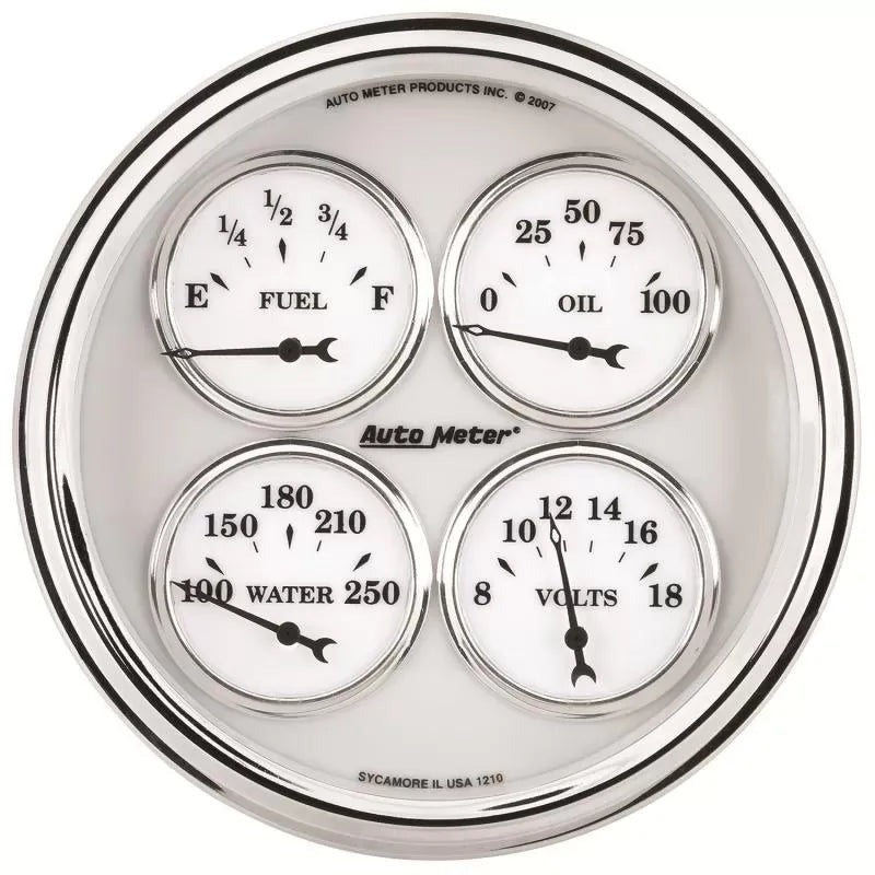Autometer 5" 100 PSI/100-250 °F/8-18V/240-33 Ω Quad Gauge Old Tyme White II | Universal (1210)
