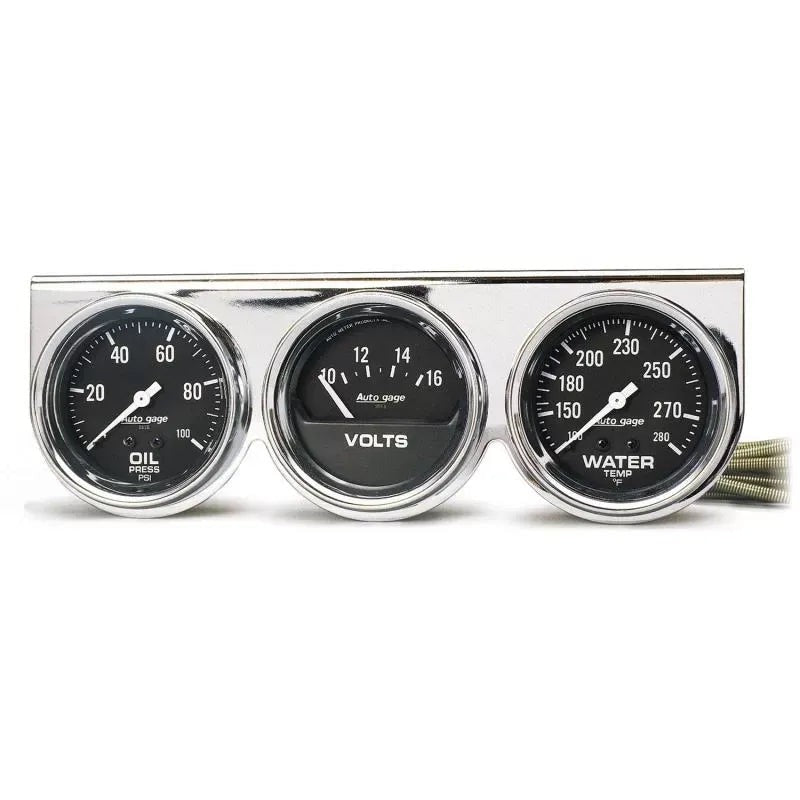 Autometer 2-5/8" 100 PSI/280 °F/16V Oil Pressure / Water Temperature / Volt Meter Gauge Console Black Dial w/Chrome Bezel | Universal (2399)