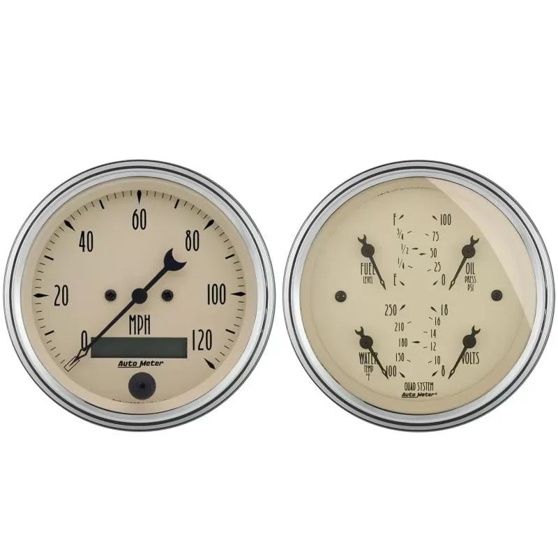Autometer 3-3/8" 240-33 Ω Quad & Speedometer 2-Piece Gauge Kit Antique Beige | Universal (1800)
