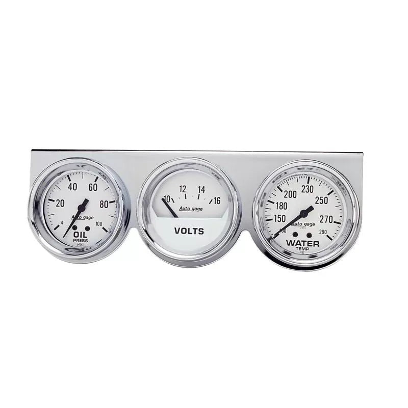 Autometer 2-5/8" 100 PSI/280 °F/16V Oil Pressure / Water Temperature / Volt Meter Gauge Console White Dial w/Chrome Bezel | Universal (2329)
