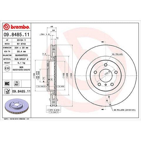 Brembo OEM Equivalent Front Brake Rotor | 2003-2004 Infiniti G35 and 2003-2009 Nissan 350Z (09.8485.11)