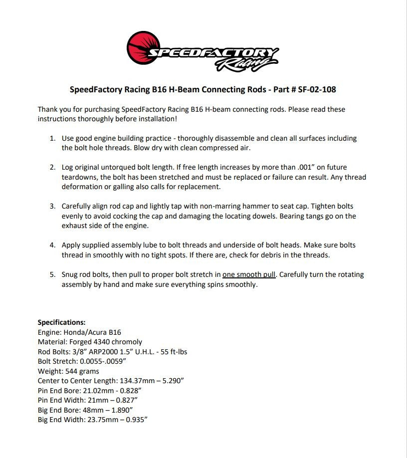 SpeedFactory Racing B16 Forged Steel H-Beam Connecting Rods | 1997-2000 Honda Civic Type-R, 1994-1995 Honda Del Sol, and 1999-2000 Honda Civic Si (SF-02-108)