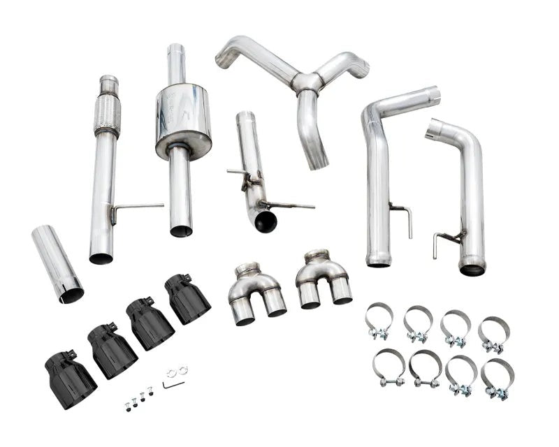AWE 0FG Catback Split Rear Exit Exhaust for 4th Gen Silverado/Sierra 1500 5.3L (With Bumper Cutouts) - Quad Diamond Black Tips (3015-43202)