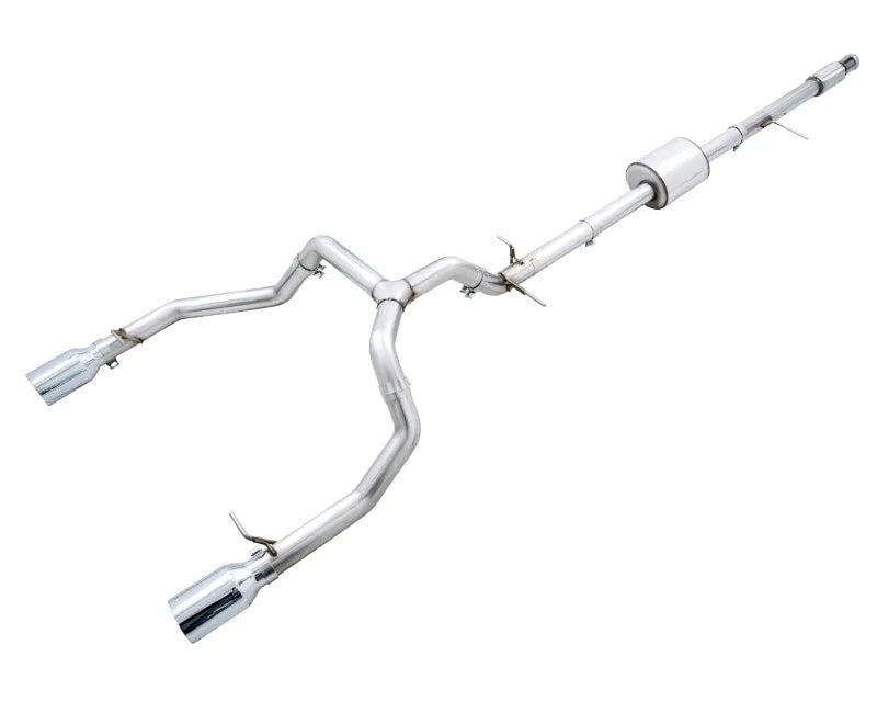 AWE 0FG Catback Split Rear Exit Exhaust for 4th Gen Silverado/Sierra 1500 5.3L (Flat Bumper) - Dual Chrome Silver Tips (3015-32205)