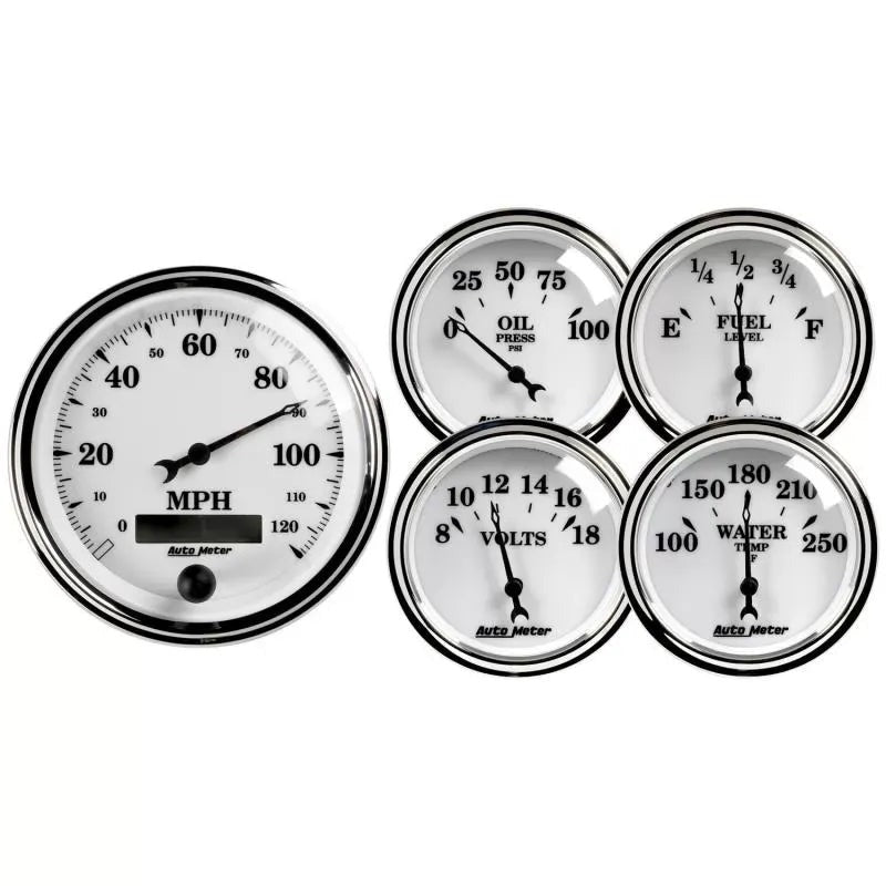 Autometer 3-3/8" & 2-1/16" Electric Speedometer 5-Piece Gauge Kit Old Tyme White II | Universal (1200)